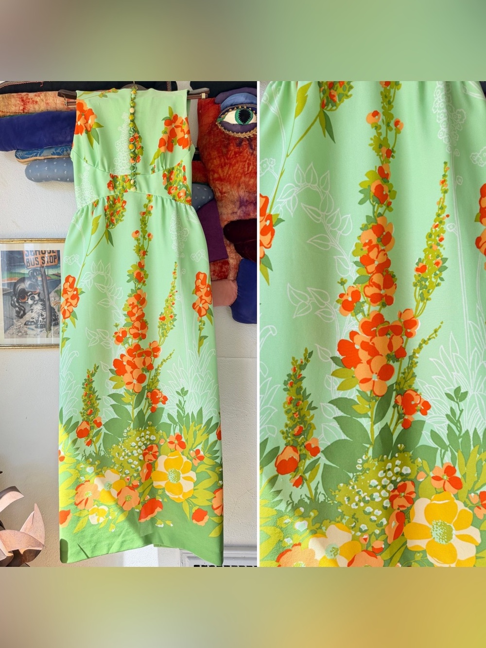 Vintage 1970s MINT MAXI DRESS Large Scale Floral Sleeveless Party Polyester S